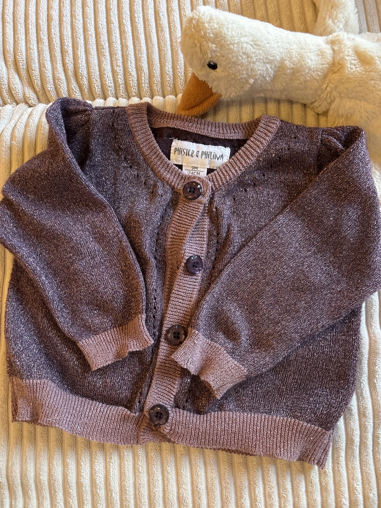 Strickjacke lila Glitzer, Größe 74