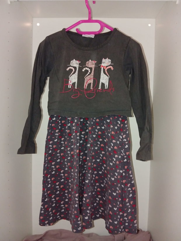 🐱 Mädchenkleid mit Katzenmotiv & Herzchenrock – Gr. 128