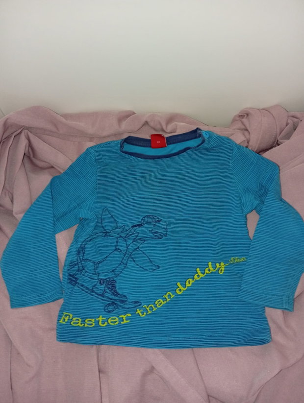 💙 Türkiser Langarm-Pullover mit Streifen und Motiv – Größe 80