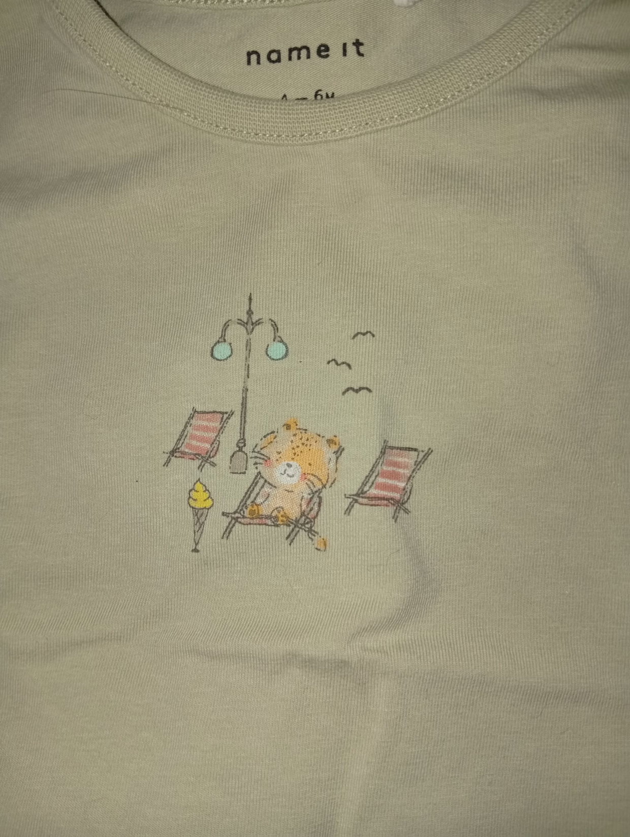 🌿 Dünner salbeigrüner Pullover mit süßem Print – Größe 68